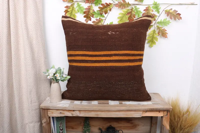 Vintage Kilim Throw Pillow, Vintage Kilim Pillow, Comfy Throw Cushion Cover, Outdoor Pillow Cover, Cushion Case, Antique Pillows, 24x24 Brown Pillow - 1