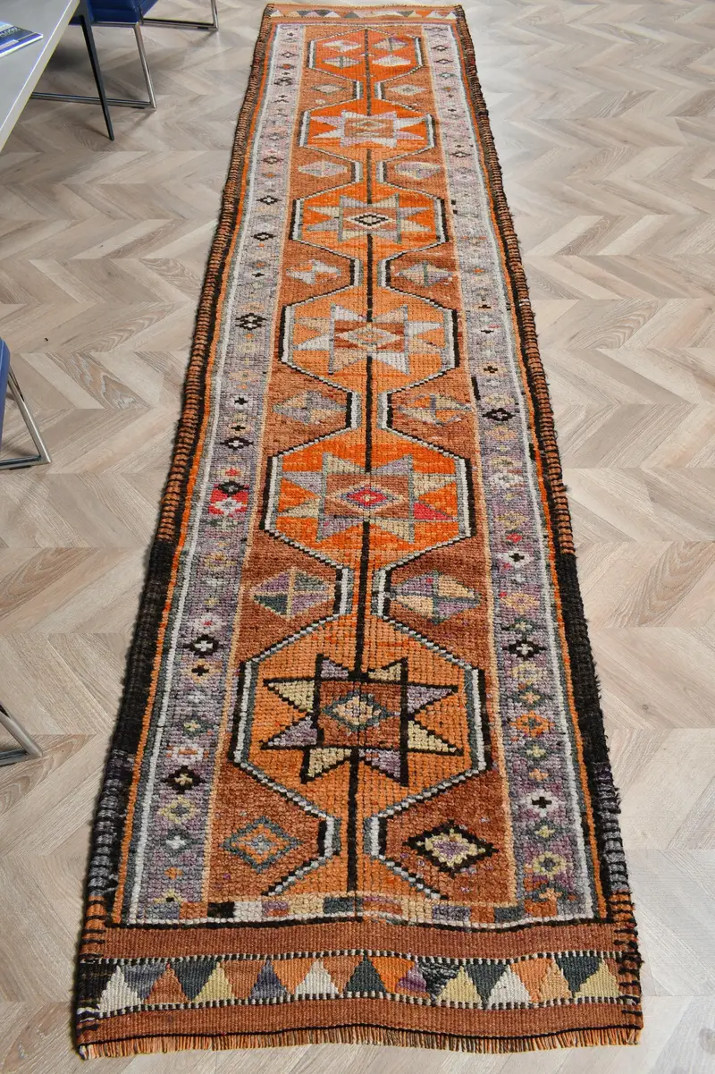 Vintage Rug, 2.5x11.2 ft Runner Rug, Orange Brown Herki Wool Rug - 1