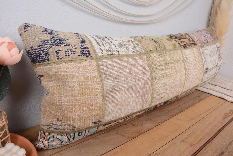 Beige & Bronze Patchwork Kissen, handgemachtes Vintage Kissen