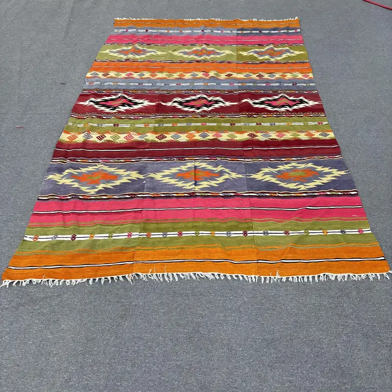 Turkish 5.4x8.9 ft Rug, Large Vintage Rug, Orange Pink Ikat Rug - 1