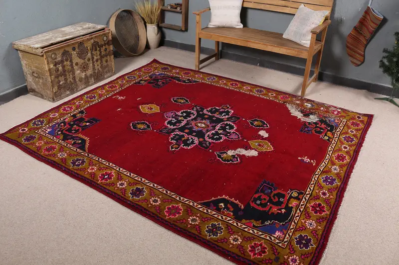 Roter und blauer Teppich, 6,5 x 8 Fuß, botanisches Design