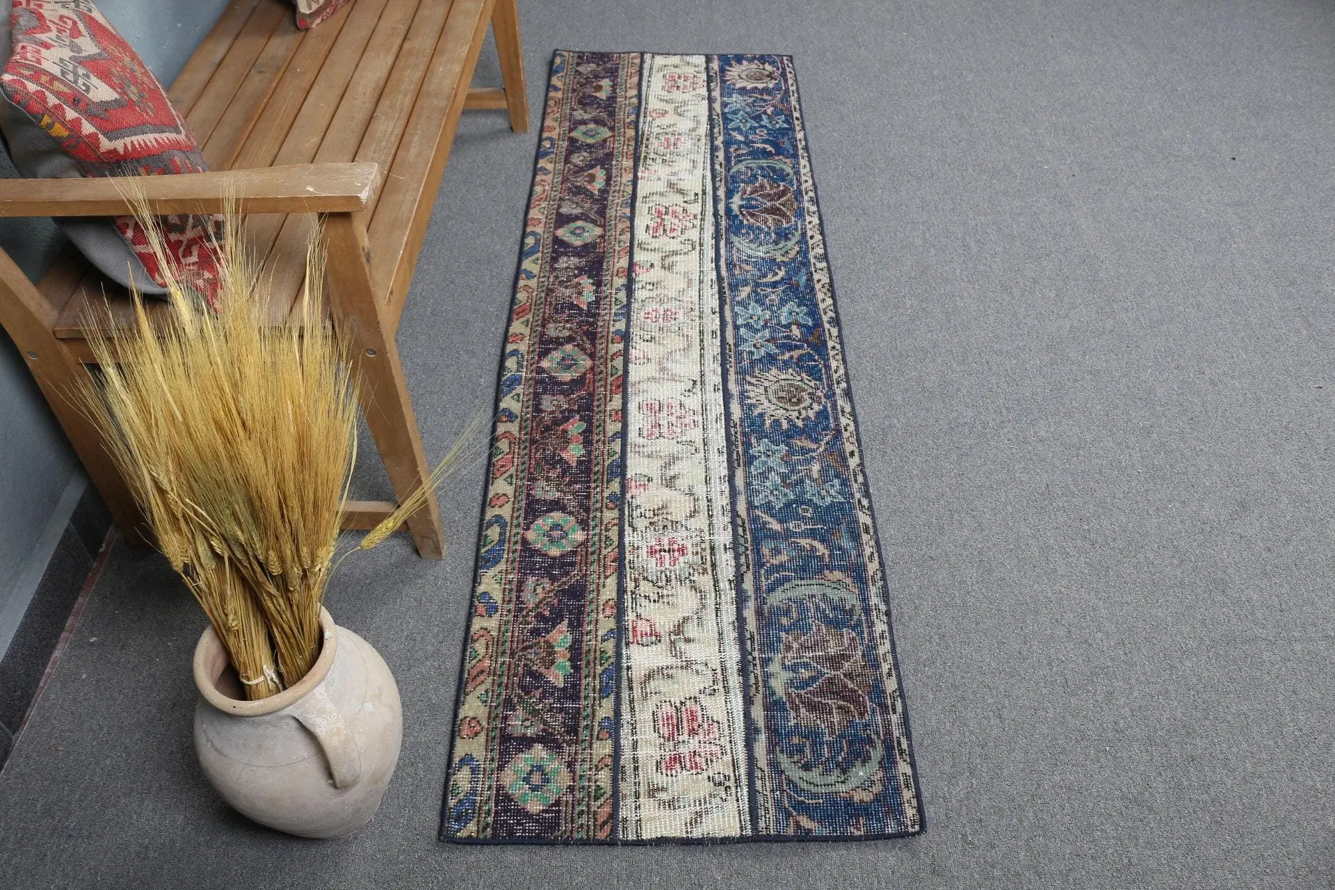 Turkish Runner Rug 1.9x6.5 ft, Vintage Blue Wool Rug - 1