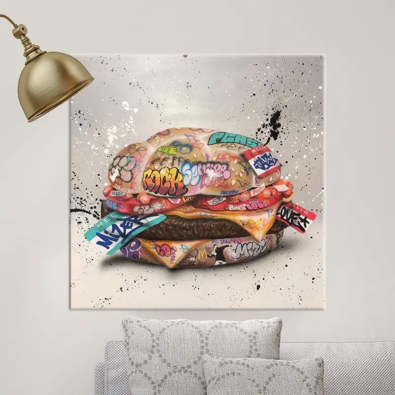 Modern Banksy-Inspired Hamburger Graffiti Canvas Art Print