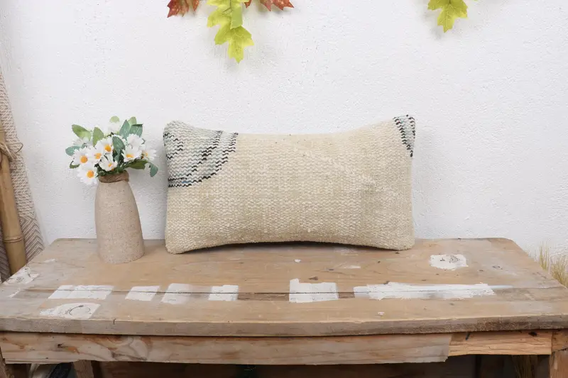 Antique Pillows, Pillow Sham, Comfy Throw Pillow Sham, Ikat Cushion Case, Interior Designer Pillow, 8x16 Beige Pillow Cover, Vintage Kilim Pillow - 1