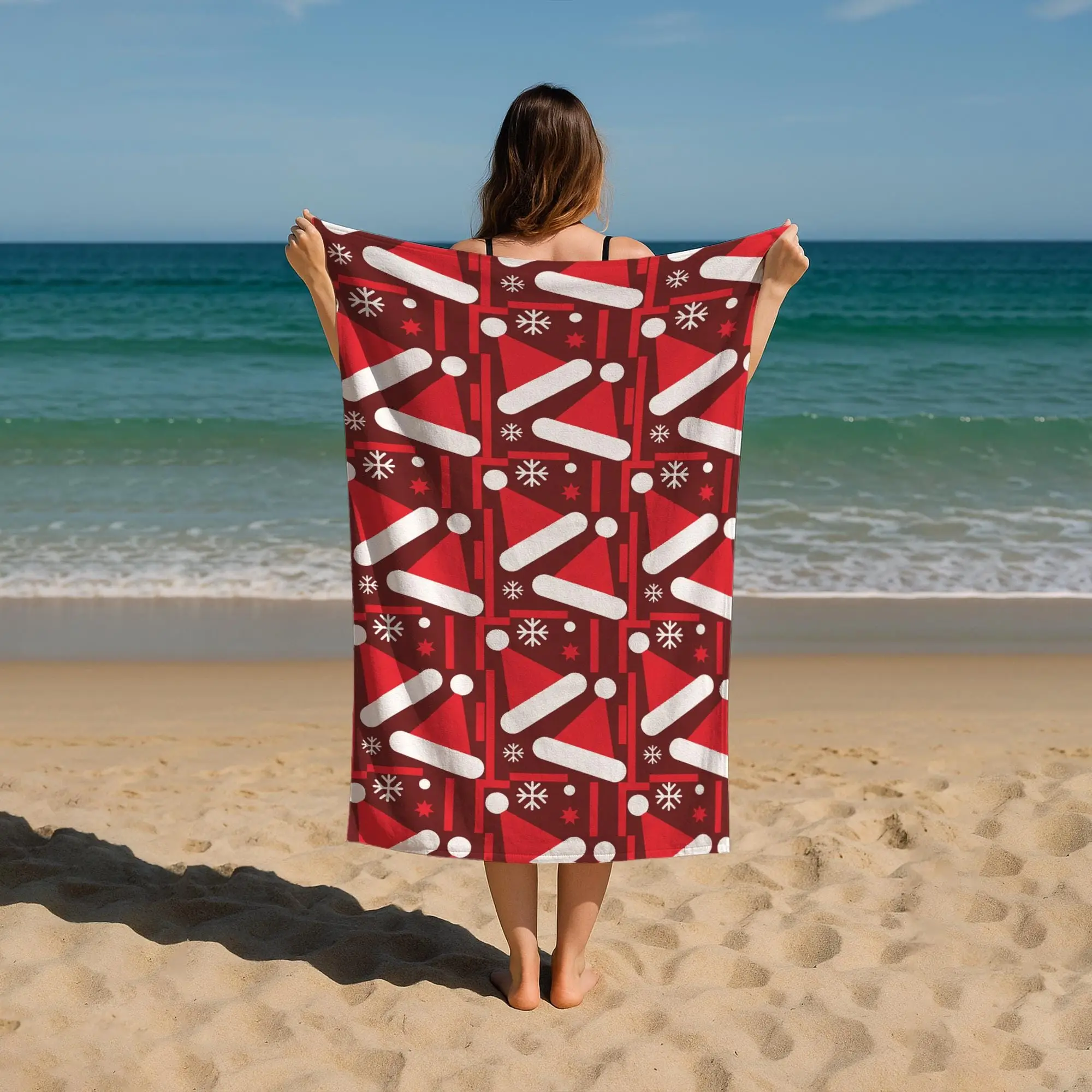 Geometric Pattern Printed Beach Towel, Red & White, 28x53 Inches - 1