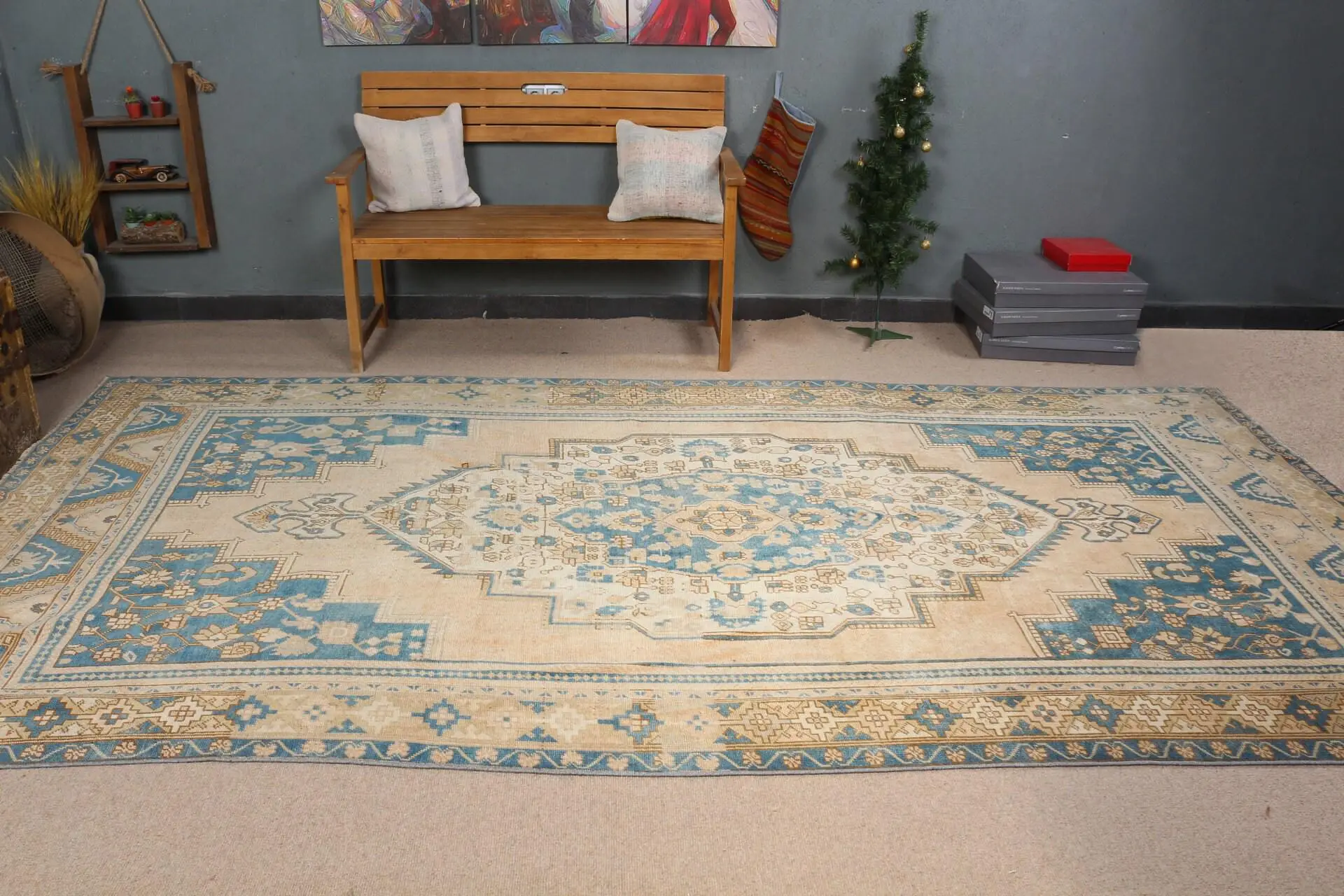 Vintage Teppich, 6x12 ft türkischer Teppich, blauer Patchwork Wollteppich - 1