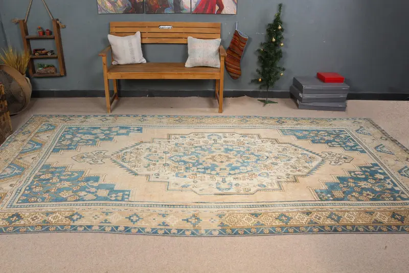 Zarif Bej ve Mavi Halı, 6x12 ft Patchwork Tasarım