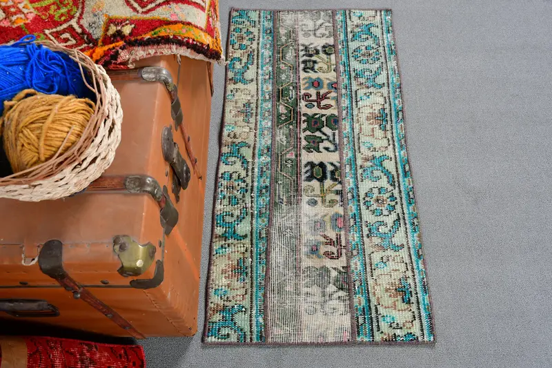 Vintage Türk Halısı 1.6x3.3 ft, Oushak Mavi Ombré Yün Halı - 1