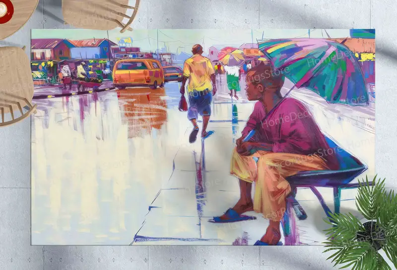 Rainy Day African Street View Printed Rug, Nigerian Landscape