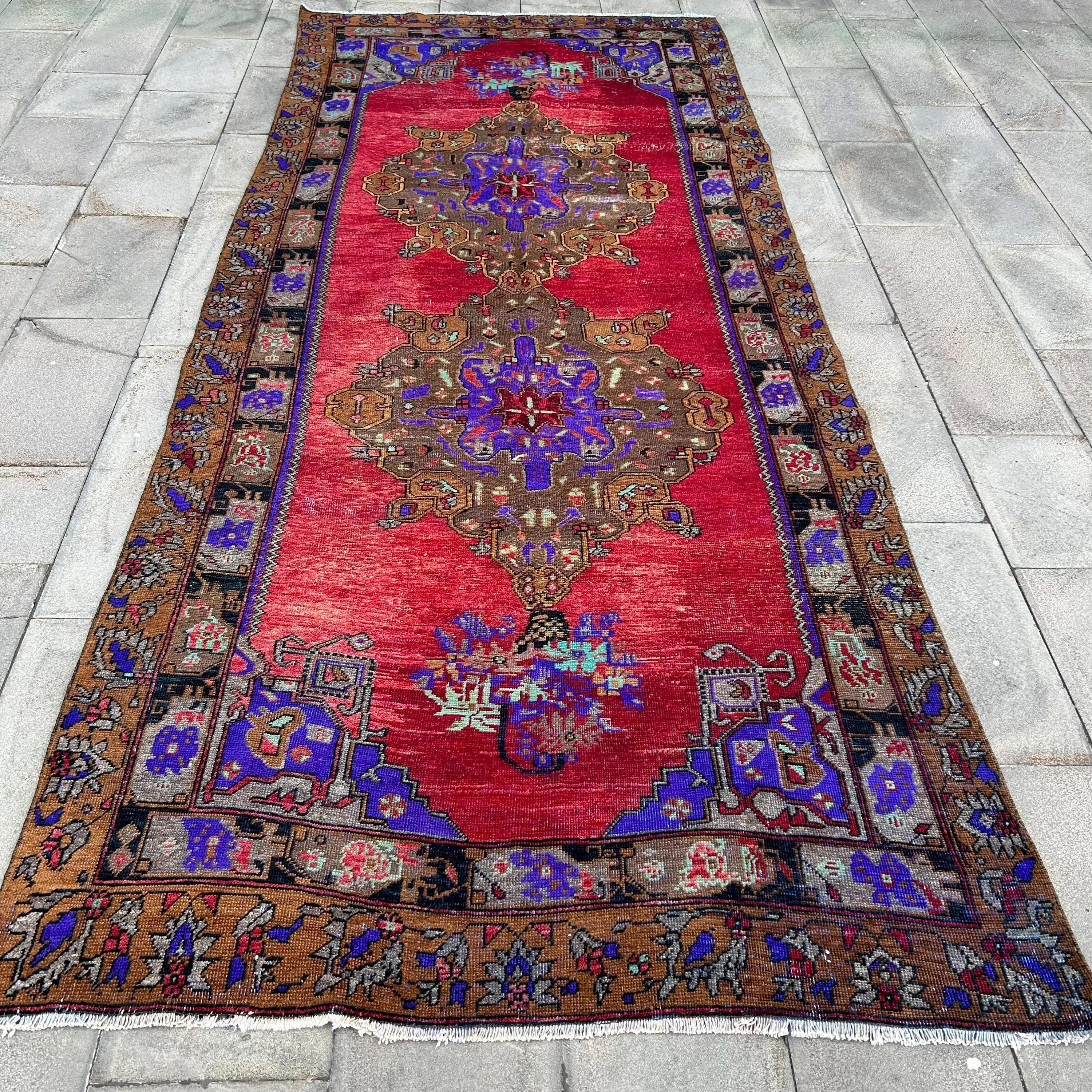 トルコヴィンテージラグ 154x362cm レッドストライプ ウールラグ - 1