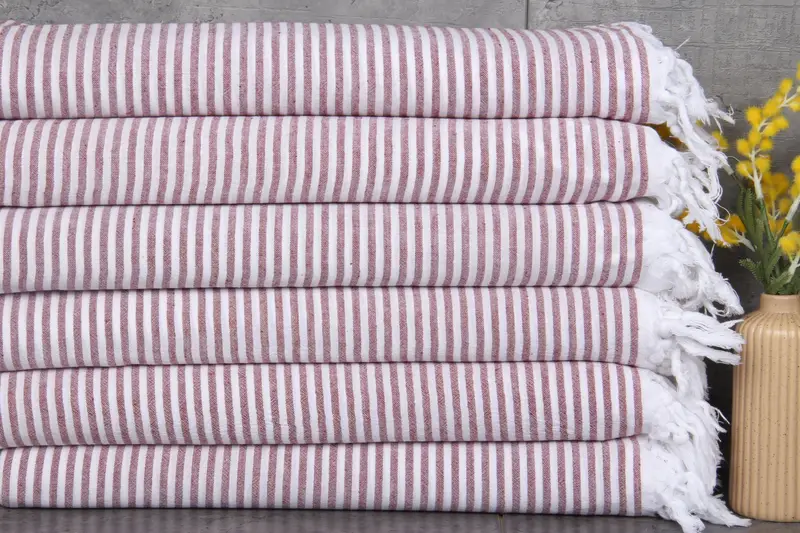 Custom Turkish Beach Towel Burgundy Stripes, Organic Cotton, 36x67 Inches