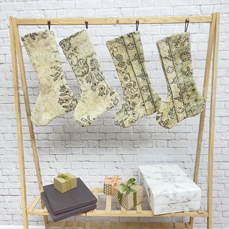 Elegant Beige & Brown Christmas Stocking, Festive Ornament Patterned Stocking