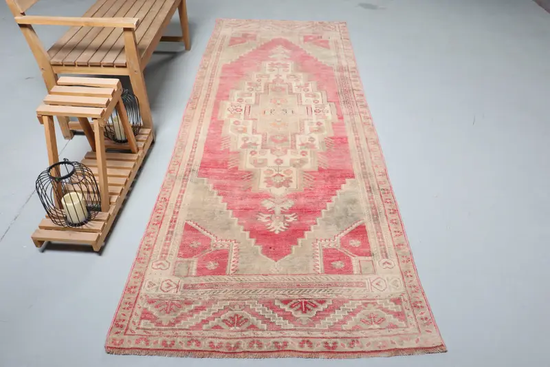 Oushak Rug, 3.6x9.8 ft Vintage Rug, Red Ombré Rug Wool - 1