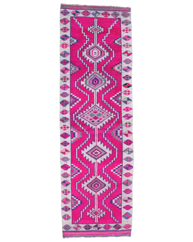 3.4x11.3 ft Vintage Rug, Turkish Runner Rug, Pink Gray Camouflage Rug - 1