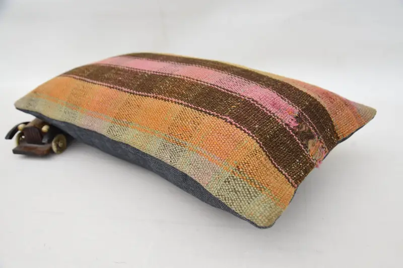 Boho Pillow, Pillow Cover, Morroccon Kilim Cushion Pillow, Throw Kilim Pillow, 12x20 Orange Pillow Sham, Vintage Kilim Throw Pillow - 6