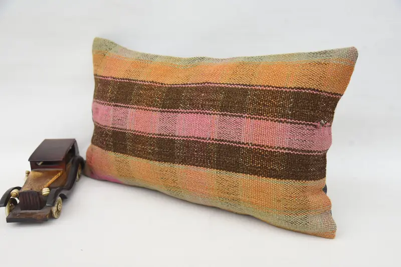 Boho Pillow, Pillow Cover, Morroccon Kilim Cushion Pillow, Throw Kilim Pillow, 12x20 Orange Pillow Sham, Vintage Kilim Throw Pillow - 3