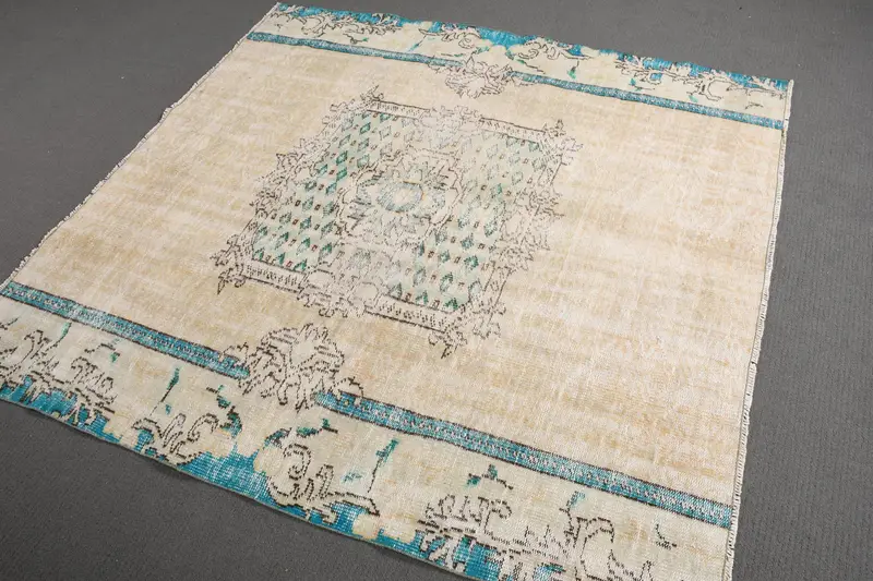 Vintage Rug, 5.4x5.9 ft Area Rug, Beige Abstract Wool Turkish Rug - 1