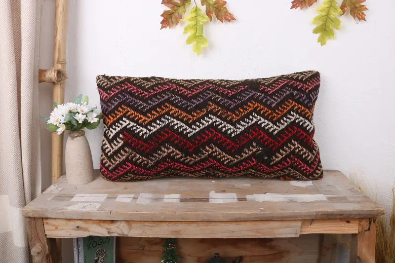 12x24 Brown Cushion Cover, Kilim Pillow, Vintage Kilim Pillow, Throw Kilim Pillow, Pillow, Turkish Rugs Cushion Case, Crochet Pattern Pillow Case - 1