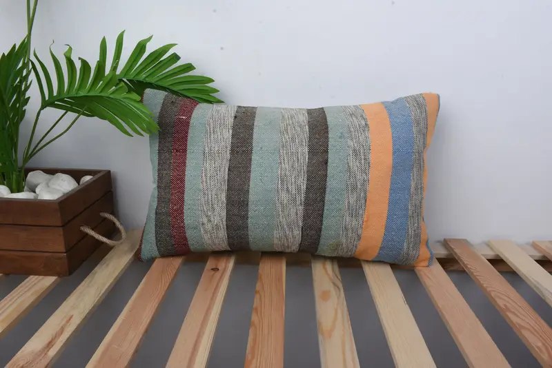 Ottoman Cushion, Antique Pillows, Handmade Kilim Cushion, Vintage Pillow, 12x20 Green Pillow Cover, Boho Pillow Sham Cover, Pillow - 1