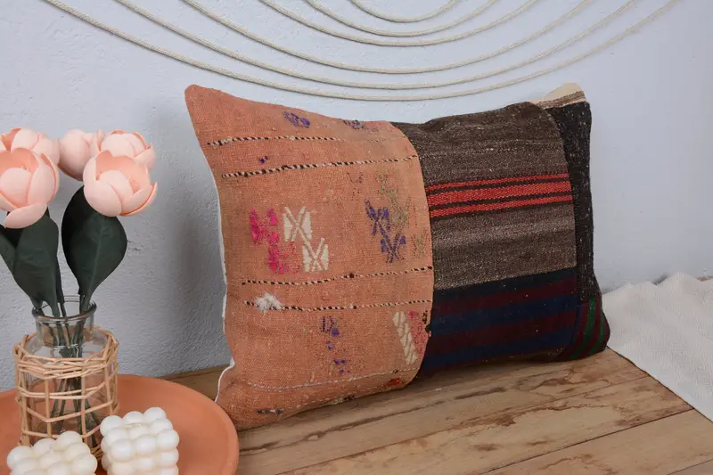 Cushion, Kilim Cushion Sham, Square Throw Cushion, Vintage Kilim Throw Pillow, Throw Kilim Pillow, 16x24 Orange Cushion Case, Ottoman Pillow Sham - 1