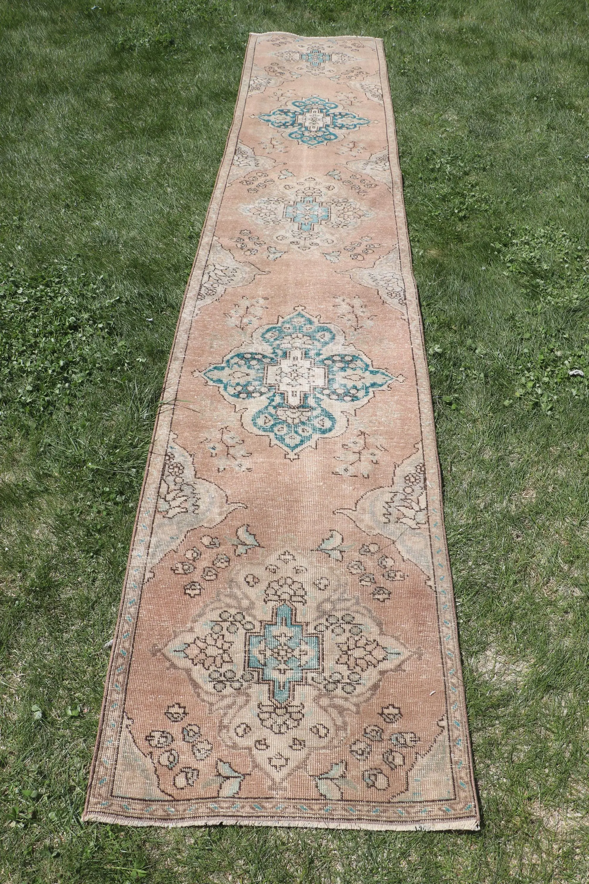 2.3x12.3 ft Rug, Vintage Rug, Turkish Brown Wool Patchwork Rug - 1