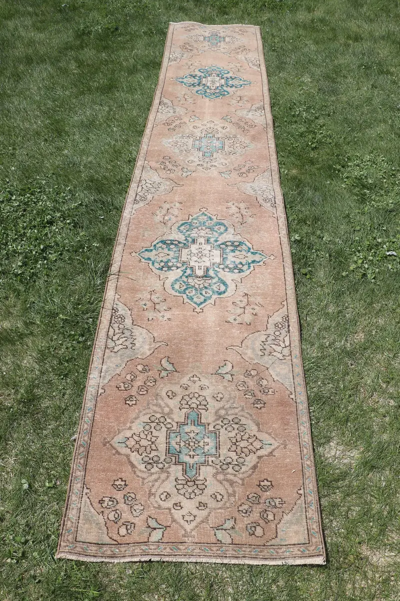 ベージュ & ブルー パッチワーク ラグ、2.3x12.3 フィート シックな装飾