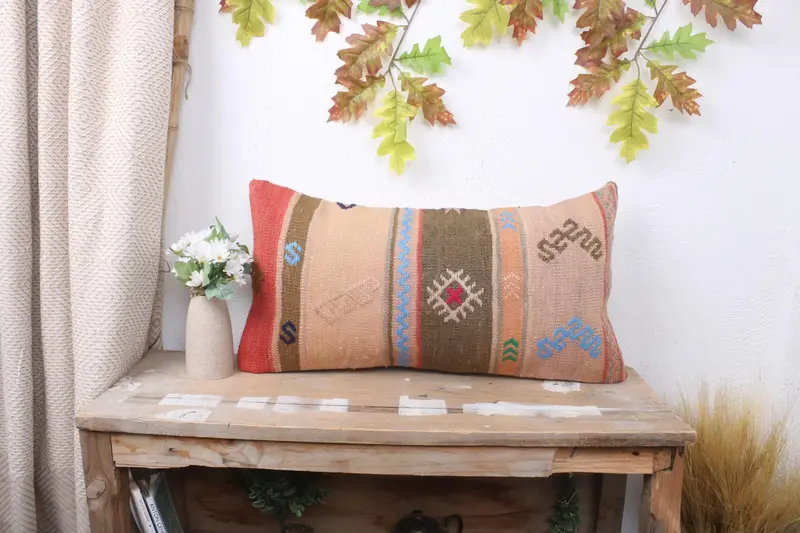 Cushion Case, Pillow for Couch, Handmade Kilim Cushion, Turkish Kilim Pillow, 12x24 Beige Cushion Cover, Aesthetic Pillow Case - 1
