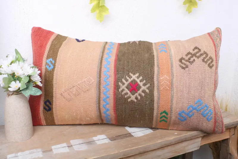 Cushion Case, Pillow for Couch, Handmade Kilim Cushion, Turkish Kilim Pillow, 12x24 Beige Cushion Cover, Aesthetic Pillow Case - 4
