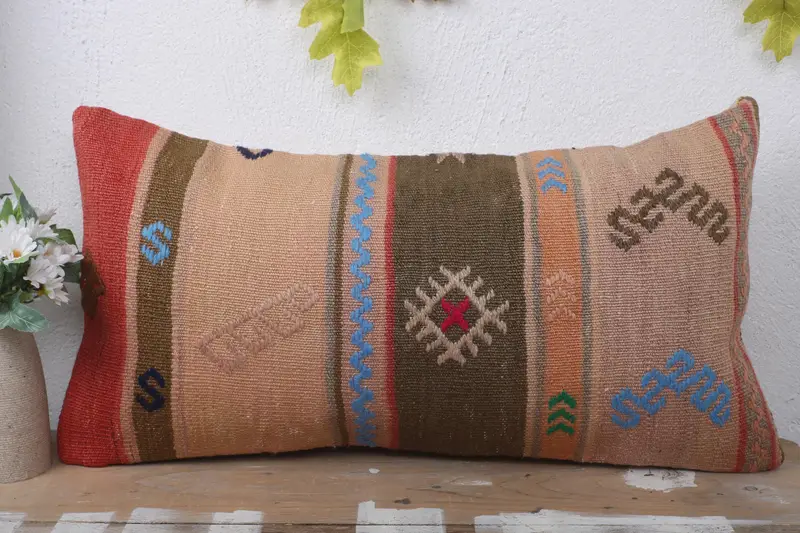 Cushion Case, Pillow for Couch, Handmade Kilim Cushion, Turkish Kilim Pillow, 12x24 Beige Cushion Cover, Aesthetic Pillow Case - 2