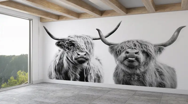 Bedruckte schottische Highland-Kuh-Tapete: Modernes Bauernhausdekor