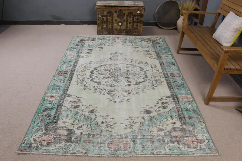 Oushak Vintage Halı, 5.2x8.1 ft Türk Halısı, Mavi Çiçekli Yün Halı - 1