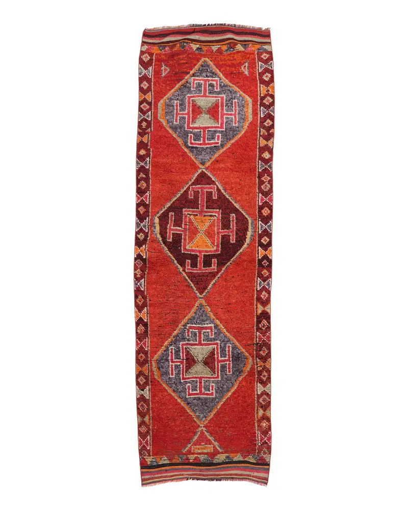 レッド モロッコ ラグ、3.1x10.6 フィート、ブルーのアクセント付き