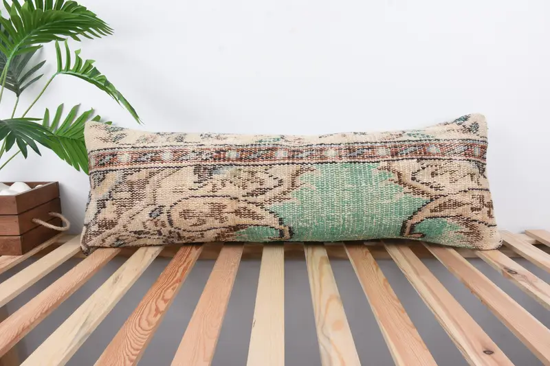 Cushion, Pillow for Sofa, Boho Pillow Sham Cover, Turkish Corner Cushion Cover, 12x36 Green Pillow, Vintage Pillow, Decorative Bolster Cushion Cover - 1