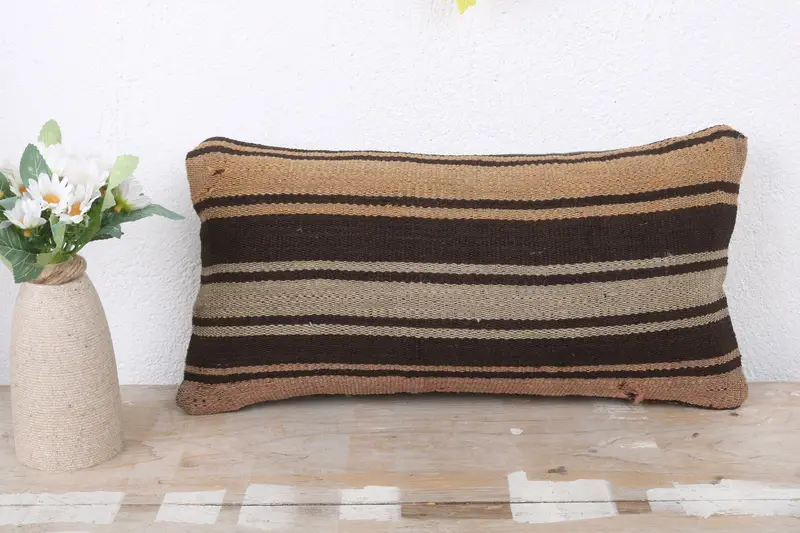 Turkish Kilim Pillow, Handwoven Pillow Cover Cushion, Pillow for Couch, 8x16 Brown Pillow Cover, Kilim Cushion Sham, Cushion Case - 2