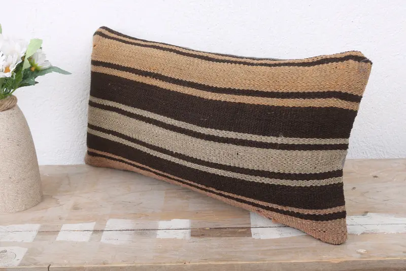 Turkish Kilim Pillow, Handwoven Pillow Cover Cushion, Pillow for Couch, 8x16 Brown Pillow Cover, Kilim Cushion Sham, Cushion Case - 4