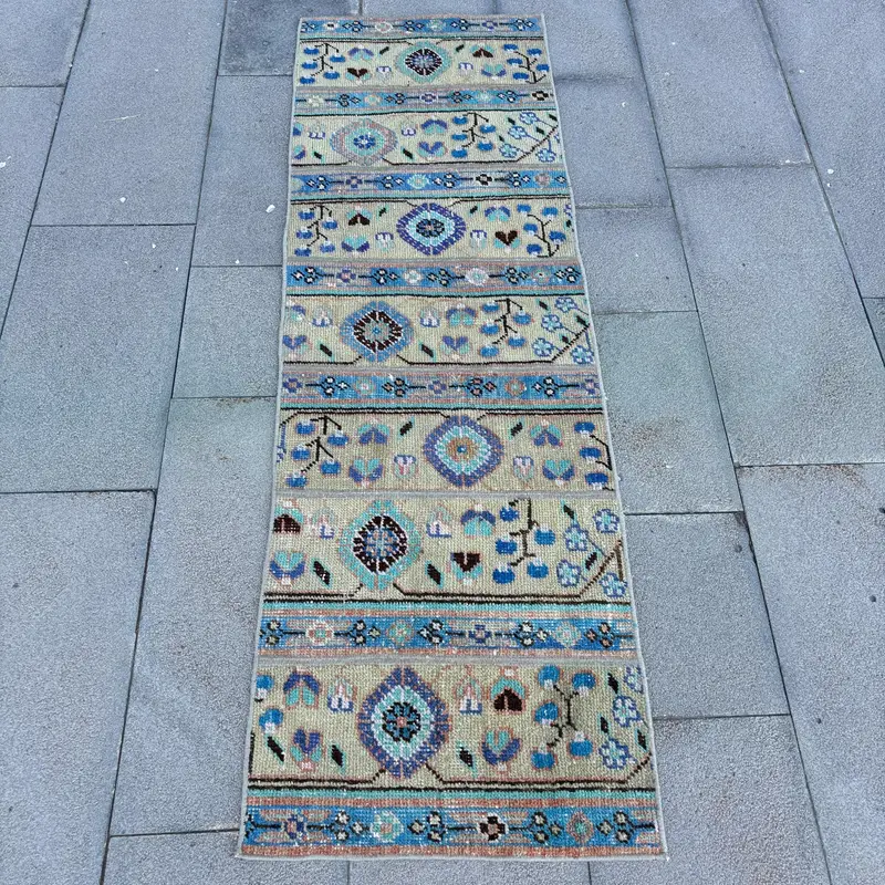 Vintage Turkish Rug, 1.8x5.6 ft Oushak Rug, Blue Brown Solid Wool Rug - 1