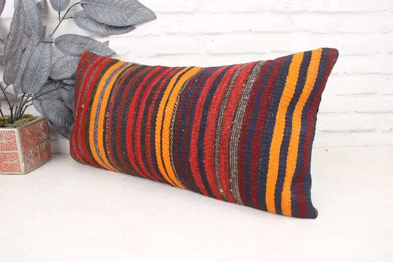 12x24 Red Pillow, Turkish Kilim Pillow, Bolster Pillow Case, Boho Pillow, Retro Pillow Case, Cushion, Natural Pillow Sham, Throw Kilim Pillow - 4