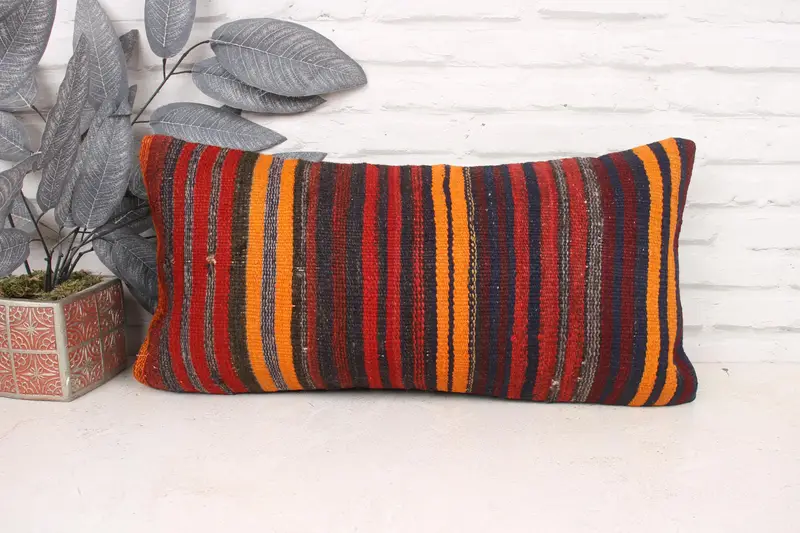 12x24 Red Pillow, Turkish Kilim Pillow, Bolster Pillow Case, Boho Pillow, Retro Pillow Case, Cushion, Natural Pillow Sham, Throw Kilim Pillow - 1