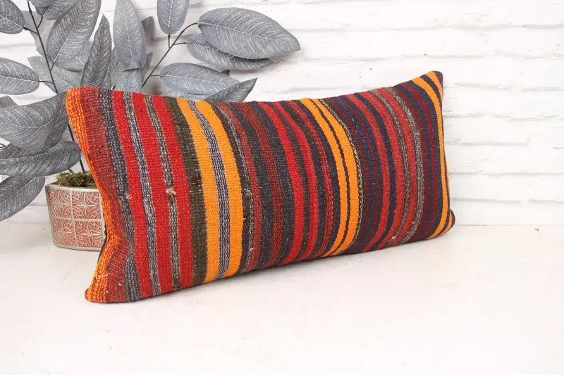 12x24 Red Pillow, Turkish Kilim Pillow, Bolster Pillow Case, Boho Pillow, Retro Pillow Case, Cushion, Natural Pillow Sham, Throw Kilim Pillow - 3