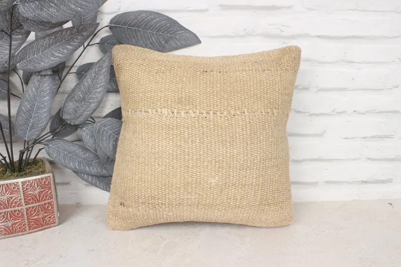 Kilim Pillow Cover, Ethnical Kilim Rug Pillow, Boho Pillow, Ethnic Throw Cushion Cover, 14x14 Beige Pillow Sham, Retro Cushion Case, Pillow - 1