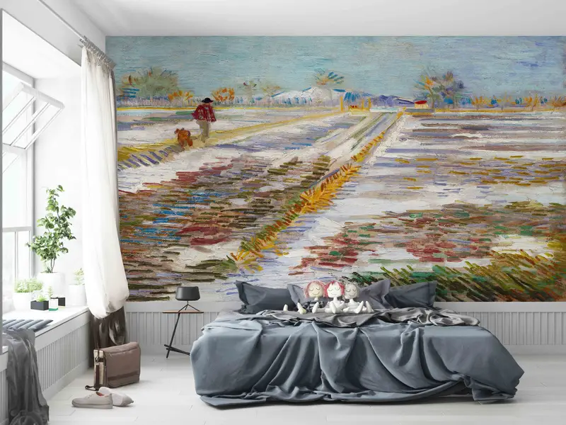 Landscape Wall Art, Van Gogh Landscape Wall Art, Reproduction Wall Paper, Do It Yourself, Landscape with Snow Wall Mural, 3D Wall Art, - 3