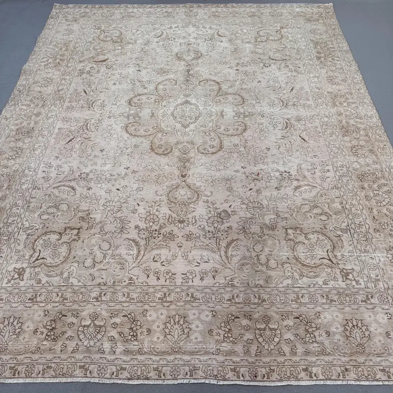 Oushak Turkish Rug, 9.3x12.1 ft Vintage Rug, Beige Ikat Wool Rug - 1