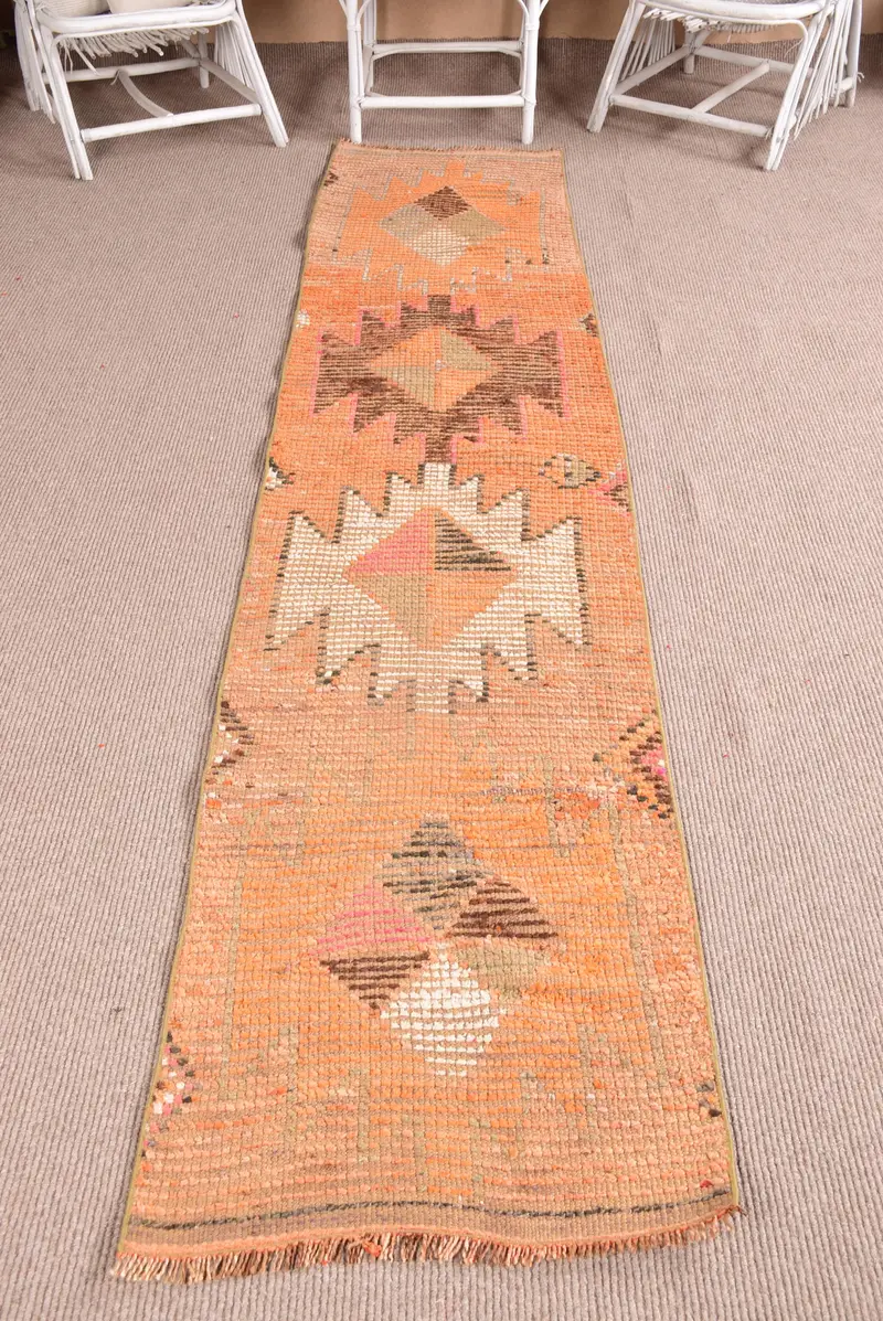 Turkish 2.1x9.9 ft Rug, Vintage Runner Rug, Orange Oriental Rug - 1