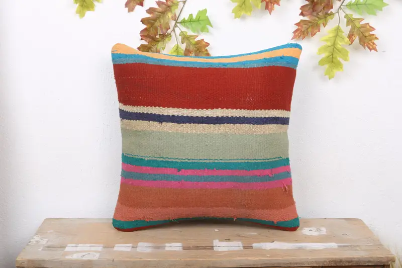 Rot-grün gestreiftes Wurfkissen, 18x18 besticktes Leinenkissen