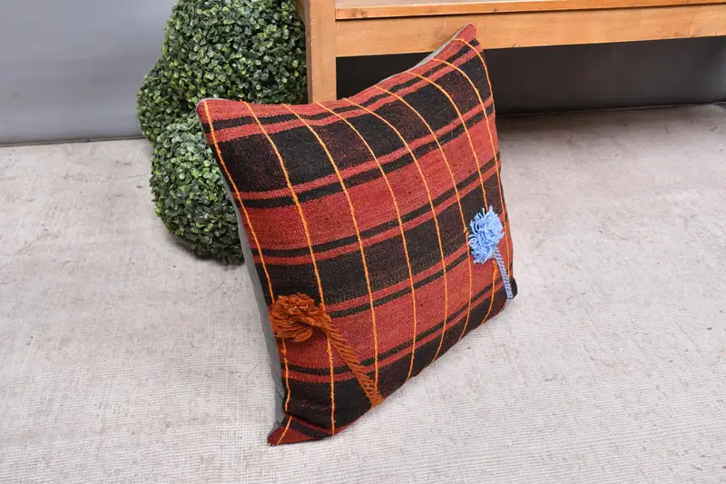 Vintage Kilim Throw Pillow, 20x20 Red Pillow Sham, Bright Pillow, Cushion Cover, Knitted Pillow Case, Handmade Kilim Cushion, Vintage Pillow - 7