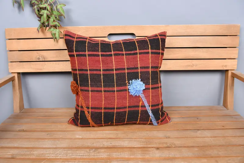 Vintage Kilim Throw Pillow, 20x20 Red Pillow Sham, Bright Pillow, Cushion Cover, Knitted Pillow Case, Handmade Kilim Cushion, Vintage Pillow - 6