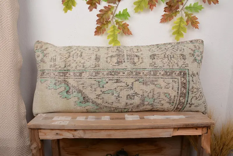 Embroidered Beige & Green Floral Throw Pillow, 16x36 Handmade Pillow