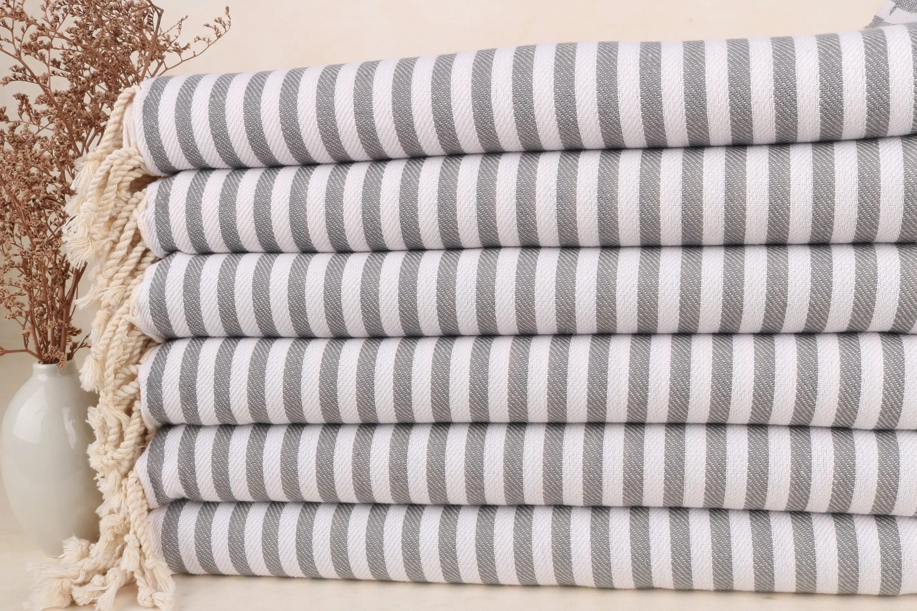 Bridesmaid Gift Towel Gray Striped Organic Cotton, 40x71 Inches - 1