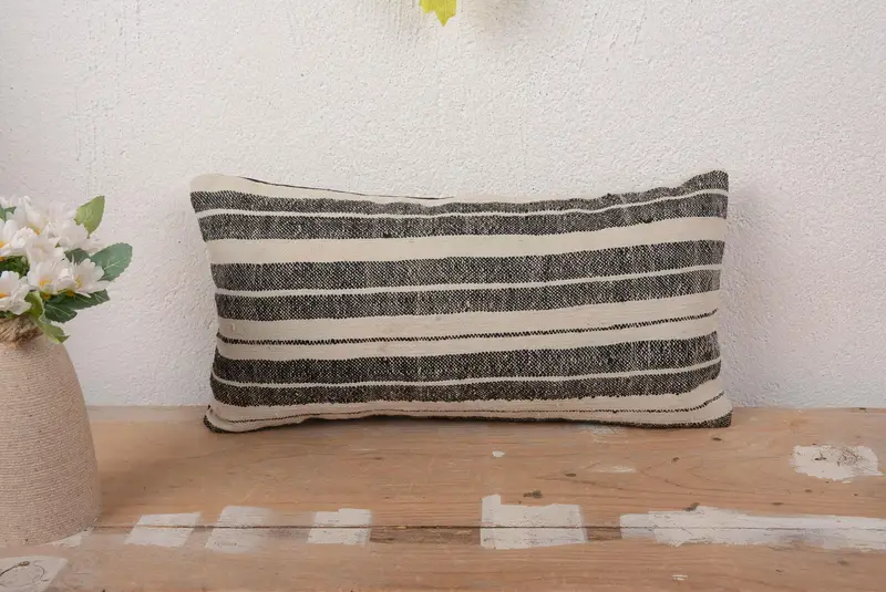 Beige & Black Striped Linen Pillow, Vintage Embroidered Throw Pillow