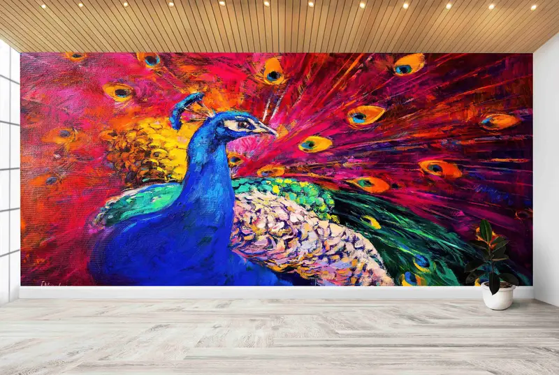 Elegante, farbenfrohe Tapete mit Pfauenmuster – verwandeln Sie Ihren Raum